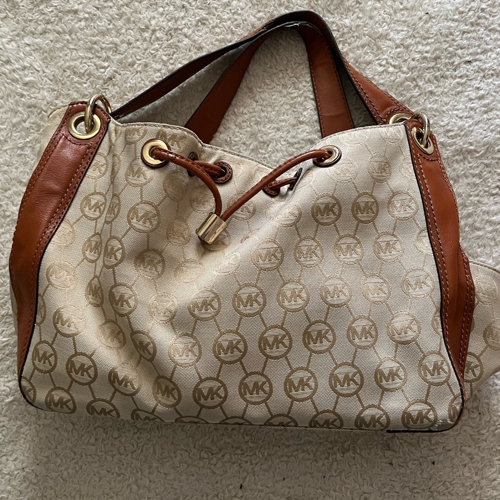 Michael Kors Cream and Brown Shoulder Bag with Monogram Print